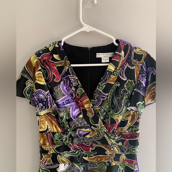Peter Nygard Womens Tiered Dress 6 Multi Colored Short Sleeve Paisley Raw Hem - Picture 2 of 10